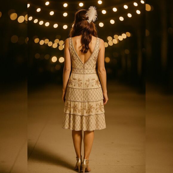 Adrianna Papell Art Deco Beaded Flapper Dress 2 | 20s Gatsby Tier Cocktail Gold - Picture 3 of 13